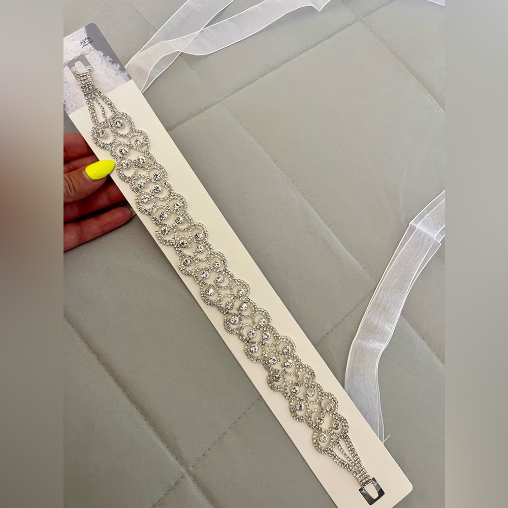 Rhinestone Bridal Belt Sash White Organza Ribbon